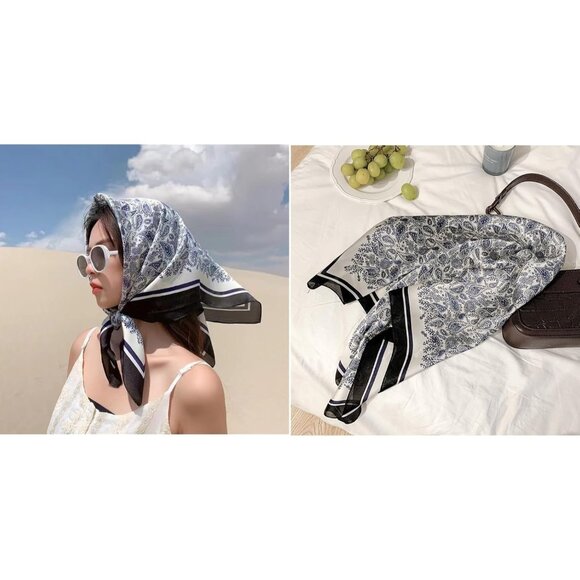 Women Navy Paisley Headscarf Satin Bandana Pattern Polyester Breathable Scarves - Picture 5 of 7